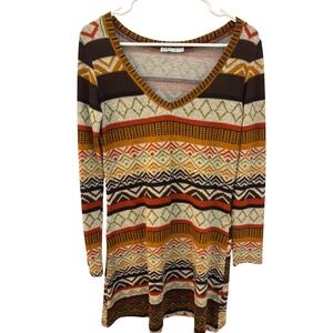 OB2-12 Women's Geometric Sweater Dress Brown‎ Orange Long Sleeve Medium